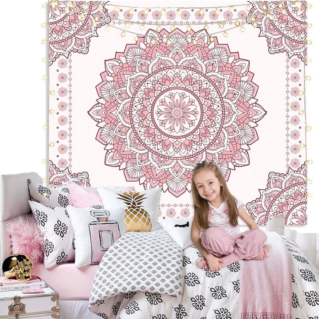 Boho Pink Mandala Wall Tapestry for Bedroom,Room Decor for Teen Girls, Art Floral Wall Hanging for College Dorm