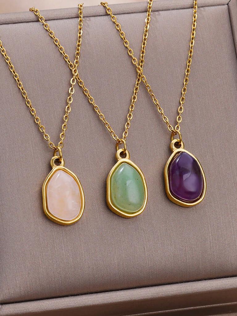 1pc Women's Stainless Steel Asymmetrical Purple Natural Stone Pendant Necklace, Fashion Accessory For Daily Wear
