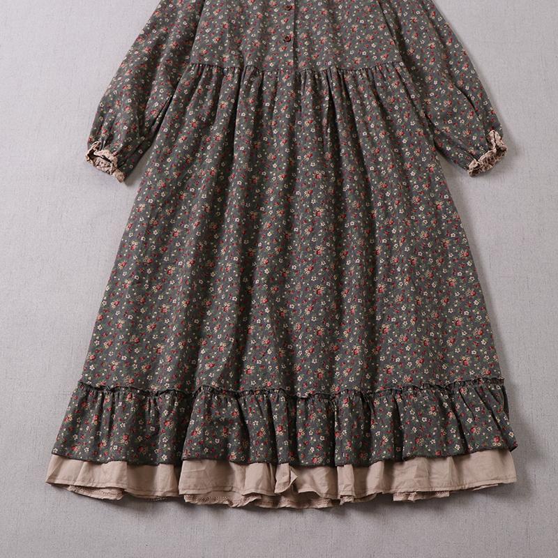 Mori Girl Autumn Spring Women Loose Long Dress Ruffled Collar Floral Cottagecore Dress Vintage Cotton Ruffles Elegant Chic Dress