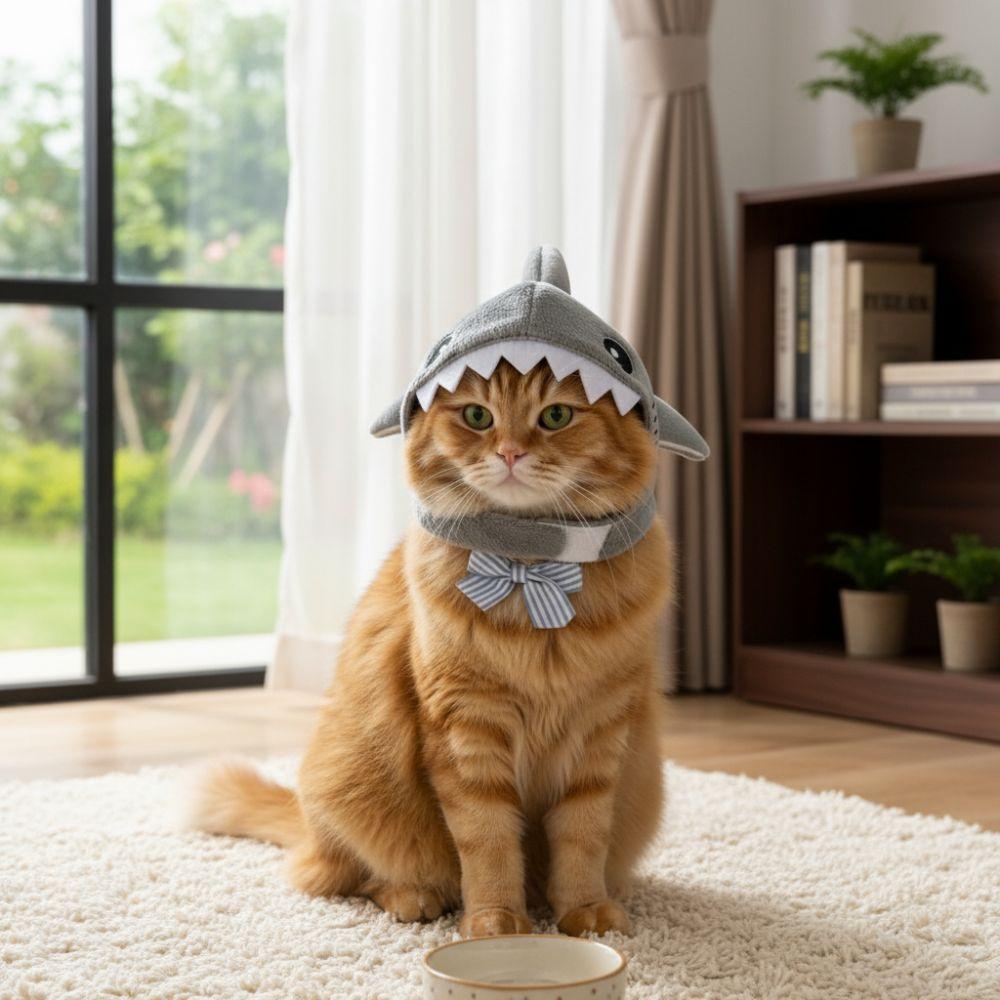 Warm Plush Cat Shark Headdress Cartoon Cat Warm Hat Kitten Outfits Pet Cosplay Headwear  Halloween