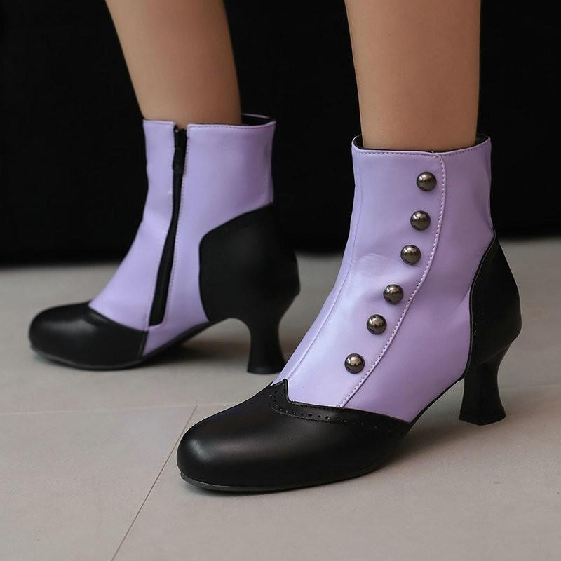 Womens Short Ankle Boots Rivet Color Block Chunky Heel Side Zip Fashion Fall Winter