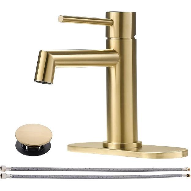 Brushed Gold Bathroom Faucet with Plastic Pop Up Drain, 6.25'' Metal Escutcheon and Supply Lines, Single Handle Stainless Basin Mixer Tap, Modern
