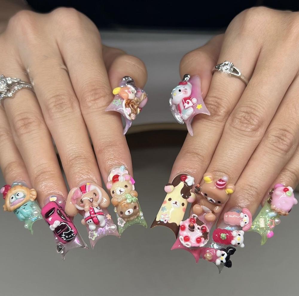 Handmade 3D Cute Rabbit Cat Pink Chocolate Dessert Cream Cartoon Almond Shaped Press On Nails Art Stickers