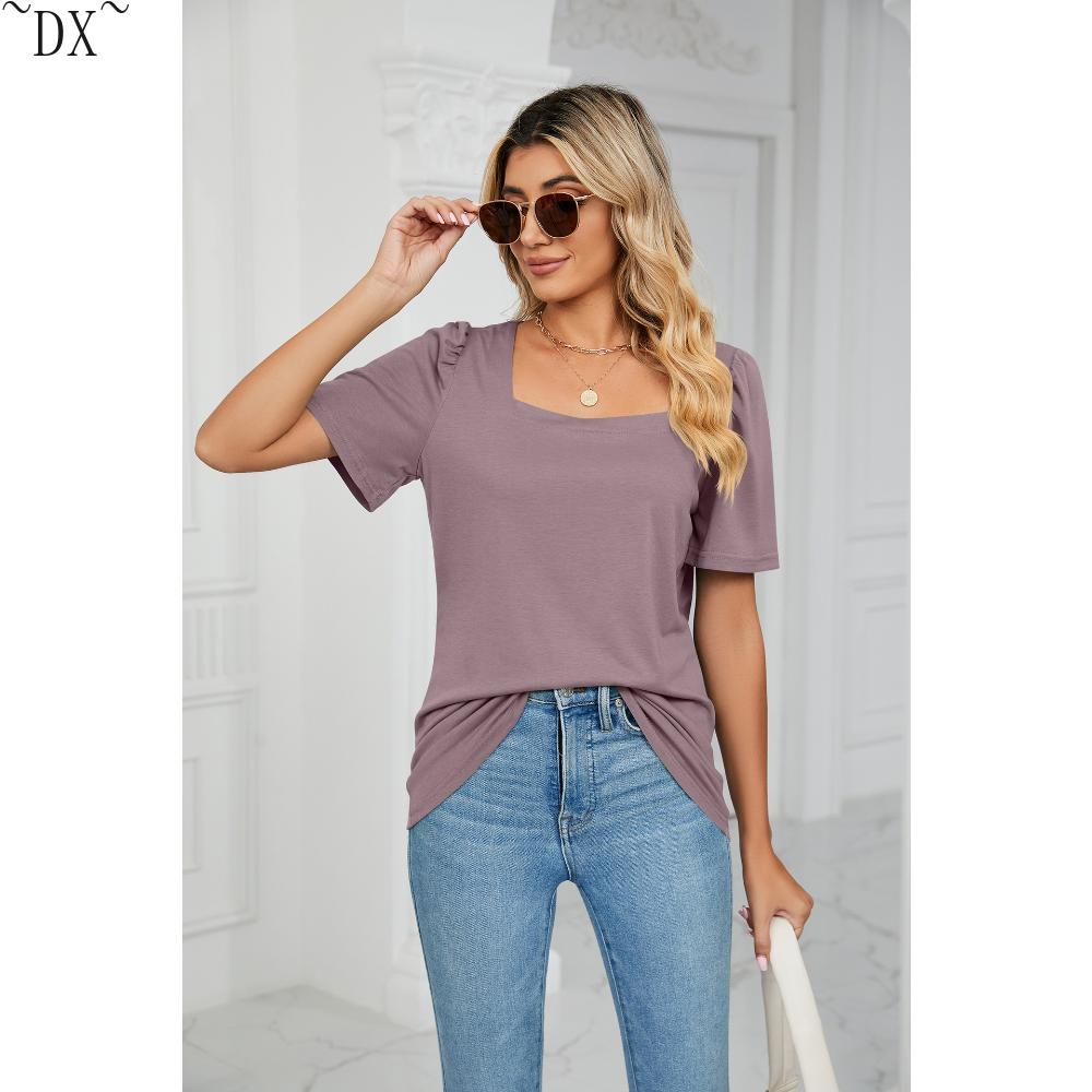 DX~~ Весенне-летняя новая однотонная свободная футболка с квадратным воротником — фото 11