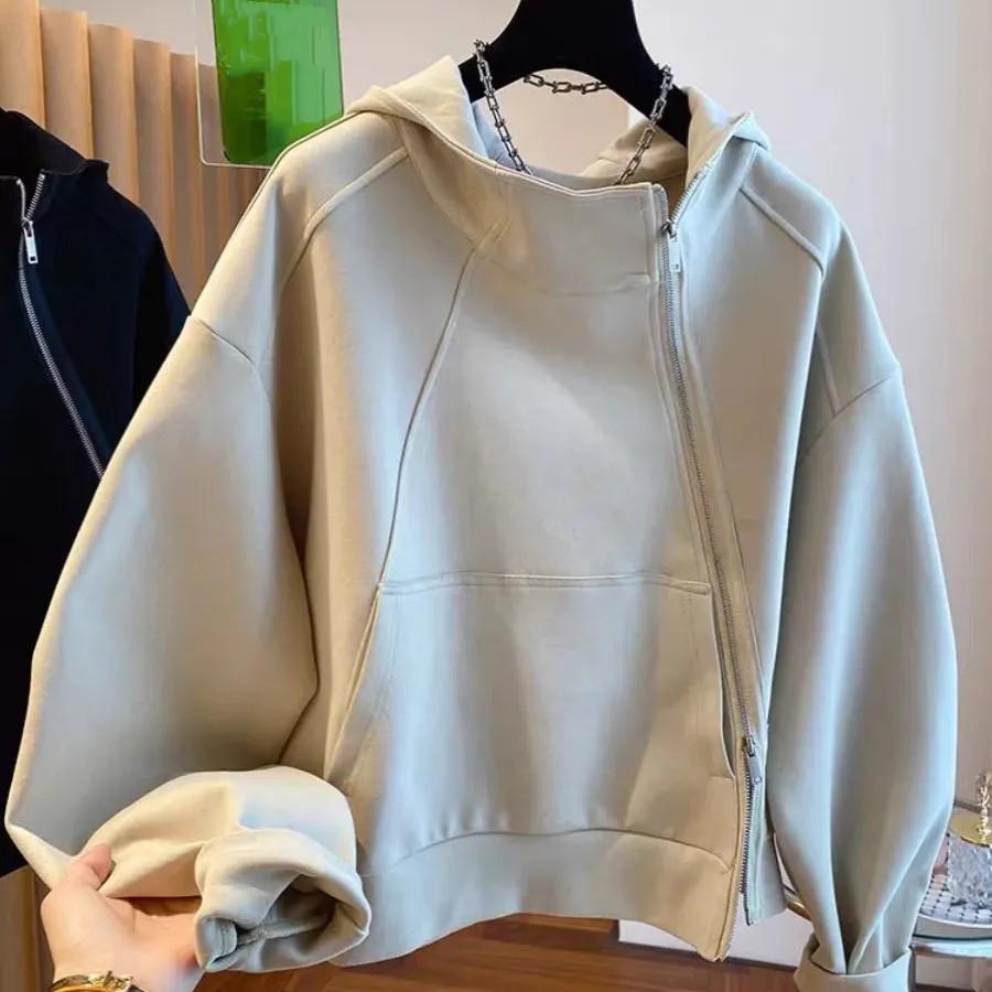 

Women s Solid-Color Spring/Fall Hooded Sweatshirt with Diagonal Zipper Solid-Color Minimalist A-Line Top S