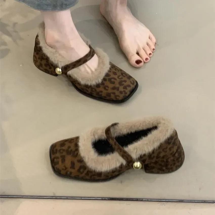 Fashion Coarse Heel Bag Head Mary Jane Shoes 2025 New French Temperament Elegant Suede Word Plush Lazy Fluffy Shoes