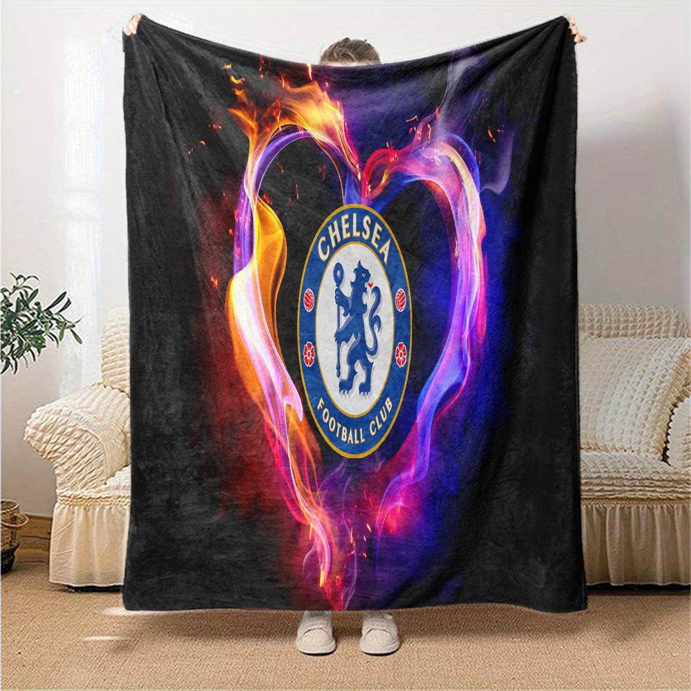 Chelsea Football Club Crest Flannel Blanket, Soft Polyester, Modern Design, All-Season for Camping, Travel, Gifts for holidays or birthdays