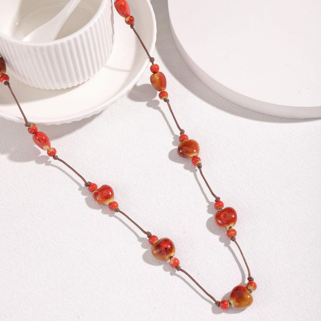 Colorful Heart Ceramic Necklace: Retro Ethnic Style Women's Sweater Chain