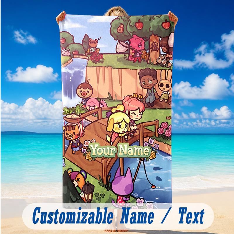 Beach Towel Custom Name Text, Quick Dry Large Towel For Beach HomeAnimal Crossing