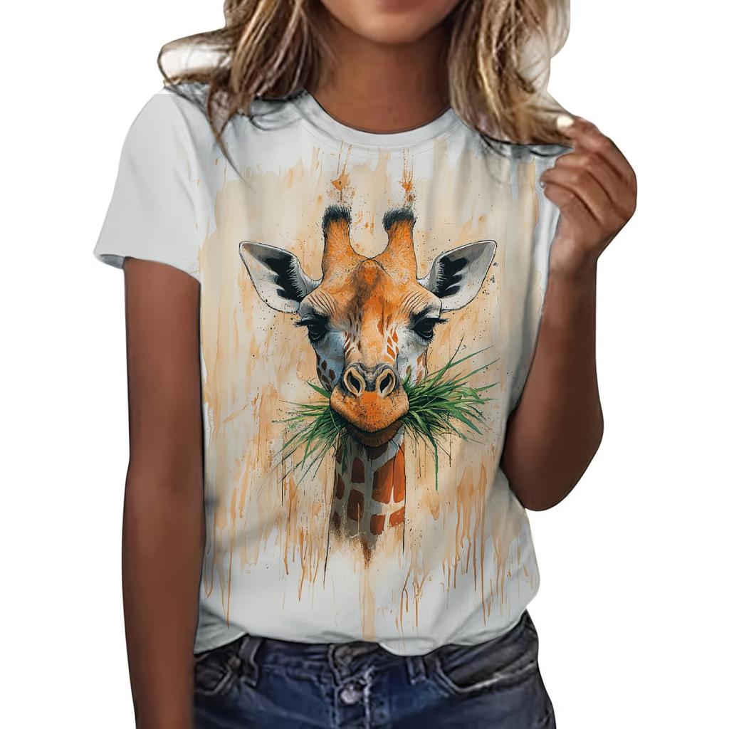 Crew Neck Short Sleeve Watercolor Giraffe Floral Print T Shirt Women's Outfits Casual Daily Wear Summer Lady Clothes