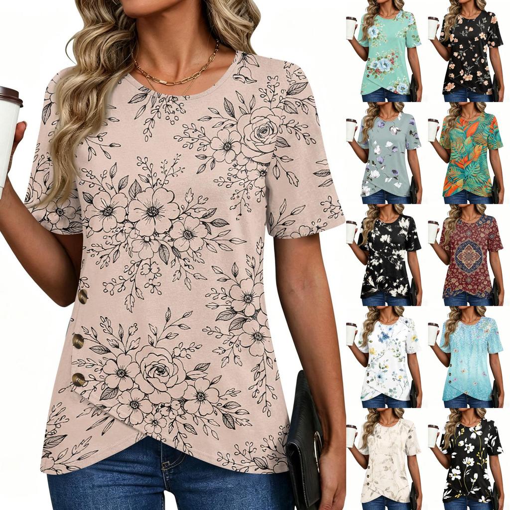 Women’s Round Neck Short Sleeve Top with Floral Print and Button Casual Loose Fit T Shirt Blouse for Daily Wear