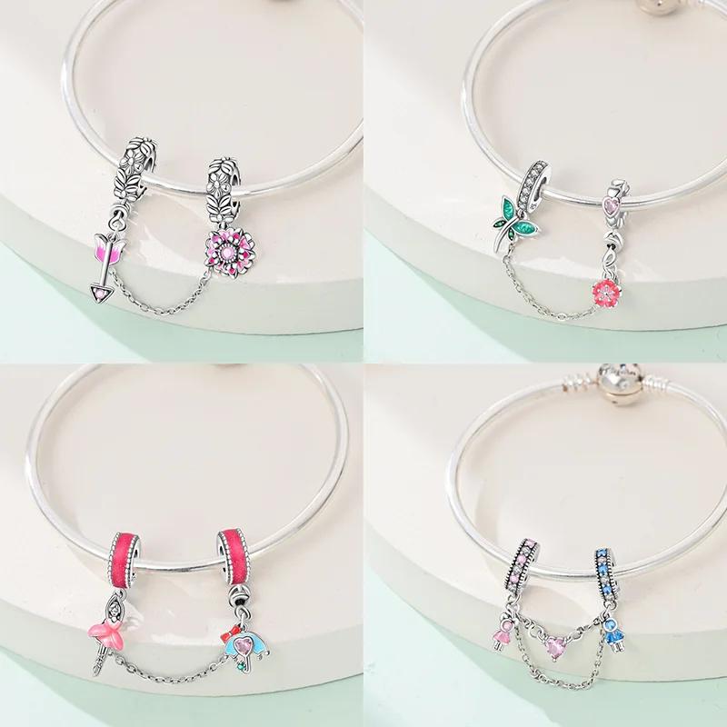 New Copper Sun&Moon&Star Heart Charms Colored Flower Bead Safety Chains Fit Original Bracelets For Women Diy Jewelry Gifts