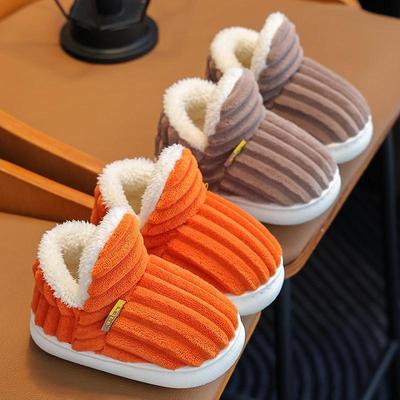 Nuove pantofole invernali a righe concise in peluche per bambini, suola morbida antiscivolo, per bambini, ragazzi e ragazze, con tacco, calde, alte, in cotone per la casa