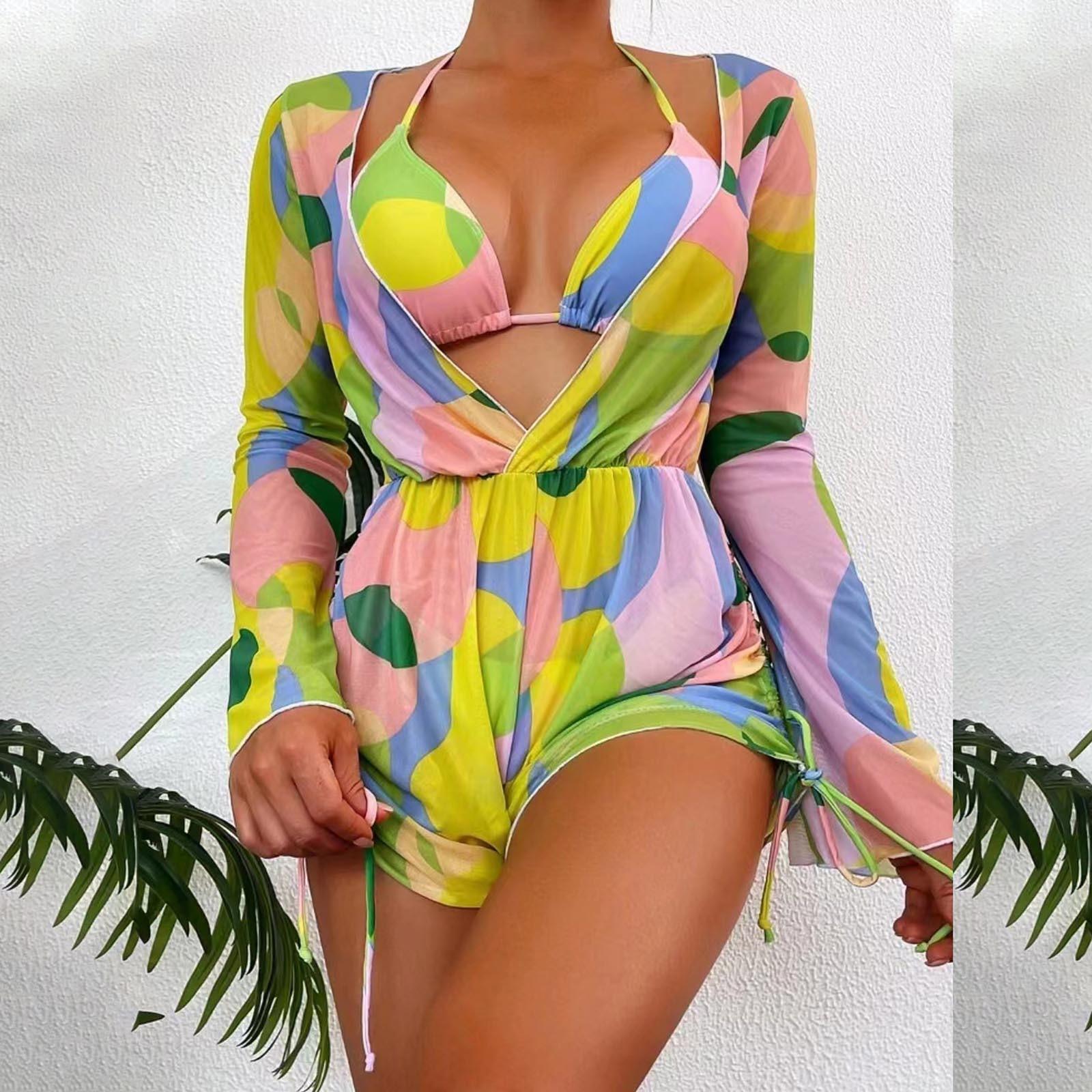 

Сетчатая толстовка с длинными рукавами, пляжная мода, бикини, купальник из трех частей XL жёлтый