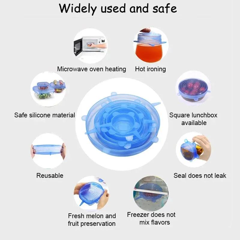 6 ks Opakovaně použitelná silikonová strečová víčka na potravinové mísy - Multifunkční kryt pro uchování čerstvosti ovoce a zeleniny