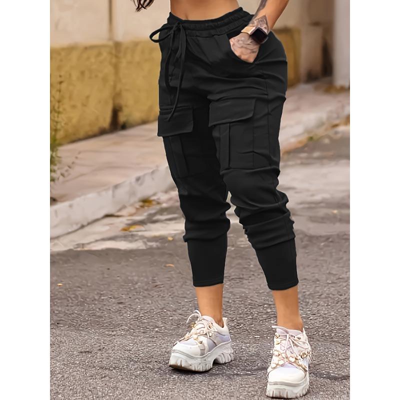 [Pantaloni Cargo ad Alta Elasticità] Pantaloni Jogger Cargo da Donna ad Alta Elasticità Stretti - Tasche Coperte, Vita con Coulisse, Colore Unico Nero Miscela di Poliestere