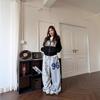 Unisex Loose Fit Streetwear Cargo Pants With Star Stripe Print Gray Wide Leg Trousers Dance Casual Wear