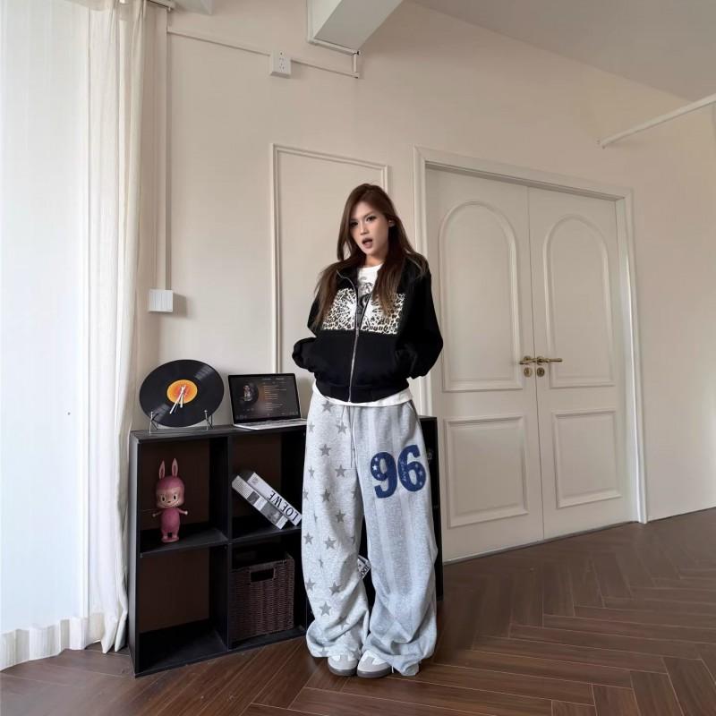 Unisex Loose Fit Streetwear Cargo Pants With Star Stripe Print Gray Wide Leg Trousers Dance Casual Wear