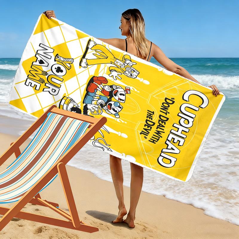 Name Custom Cuphead Print Beach Towel, Large Soft Quick Dry Towel for Beach Camping Swimming