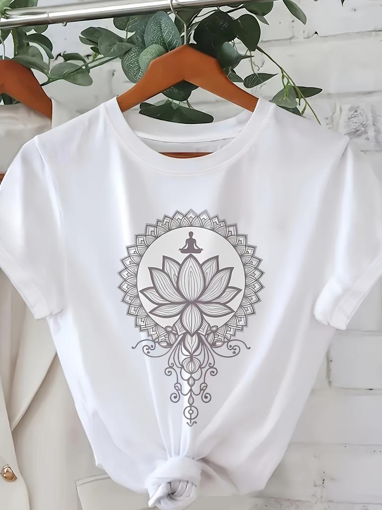 European Size for Lotus Mandala and "Blossoming Heart" Print Short Sleeve Crew Neck Casual T-Shirt