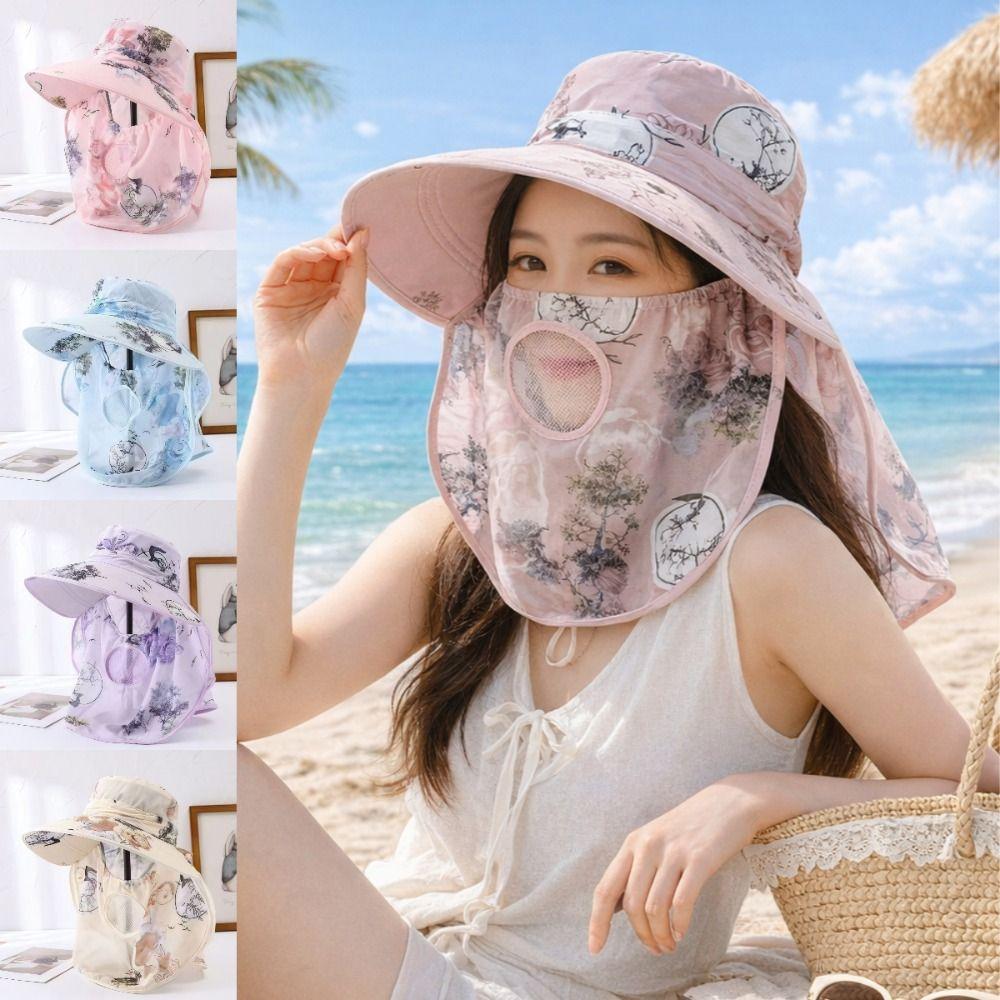 Wide Brim Tea Picking Work Hat UV Protection Fisherman's Hat Face Mask Sun Hat  Summer Outdoor