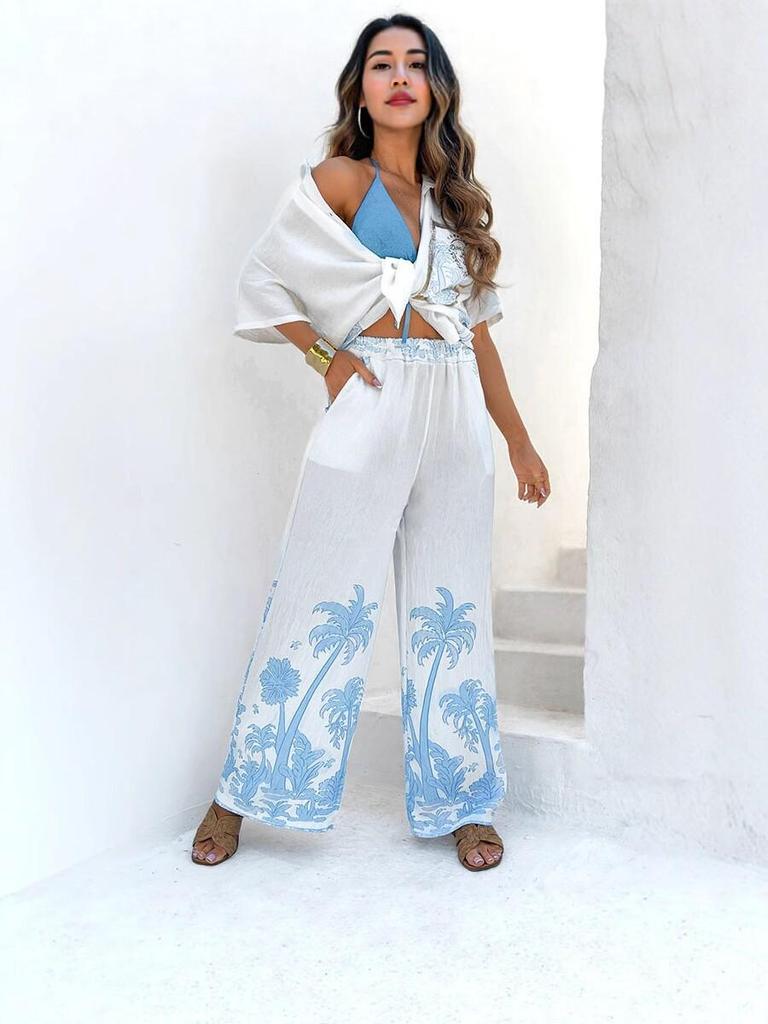 Costume décontracté en coton et lin d'été européen-américain 2026: Ensemble deux pièces de plage pour femme Pantalon large imprimé