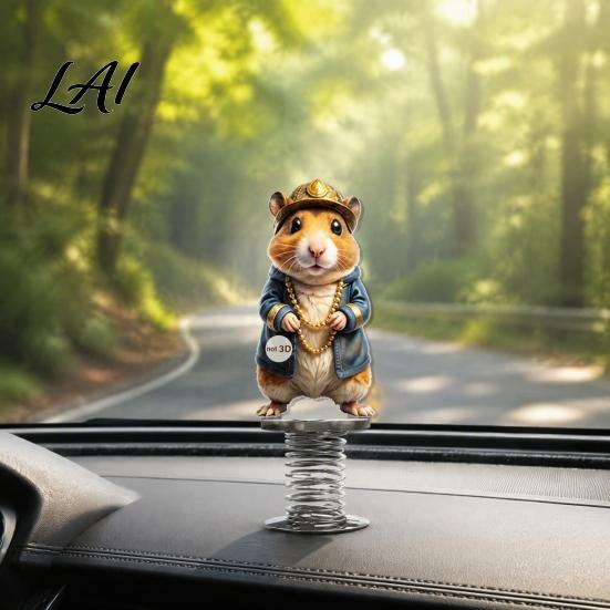 Vivid Pattern Car Ornament Cute Rat Dashboard Ornament Funny Animal Decoration with Gold Beads Chain 2D Dynamic Console Toy Flat Acrylic Hamster
