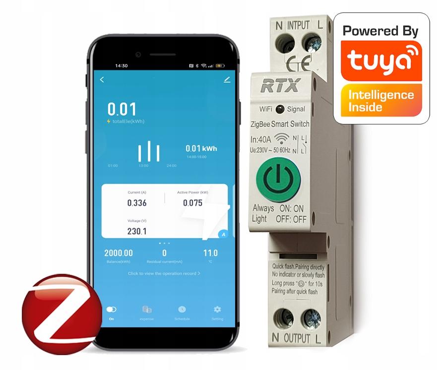 RTX TUYA 50A DIN ZigBee Licznik prądu Przekaźnik