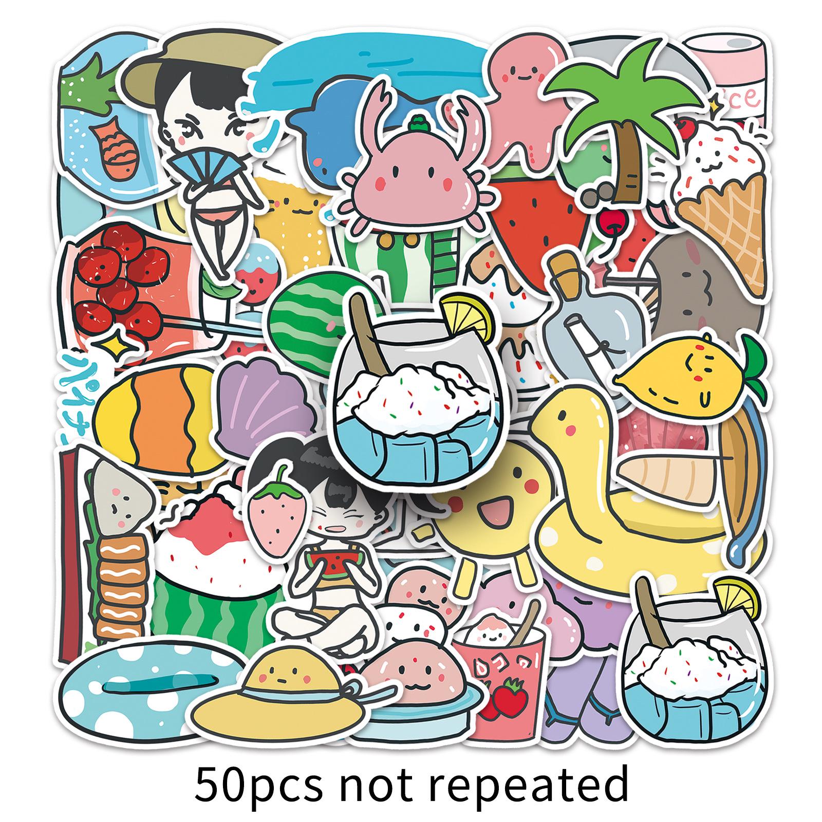 50 Hand-Painted Summer Cartoon Stickers for Notebooks, Phones, and Water Bottles - Creative and Original Designs