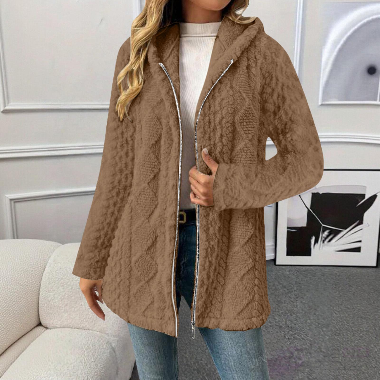 

Женская модная однотонная плюшевая куртка с длинными рукавами, свободного кроя, с капюшоном, на молнии S верблюд