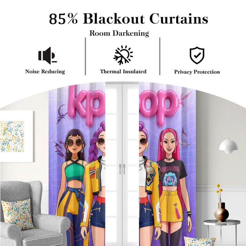 2 ks Kpop Dívky Závěsy Roztomilá Anime Idol Skupina Blackout Závěsy Fialový Síťovaný Gradientový Potisk Závěsy na Okno pro Teenagerovskou Dekoraci Ložnice