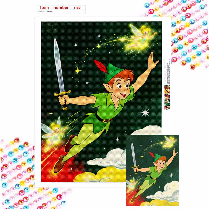 Disney Diamond Painting Kit Peter Pan and Tinkerbell 5D DIY Diamond Art Home Bedroom Wall Decor Round 20x30cm