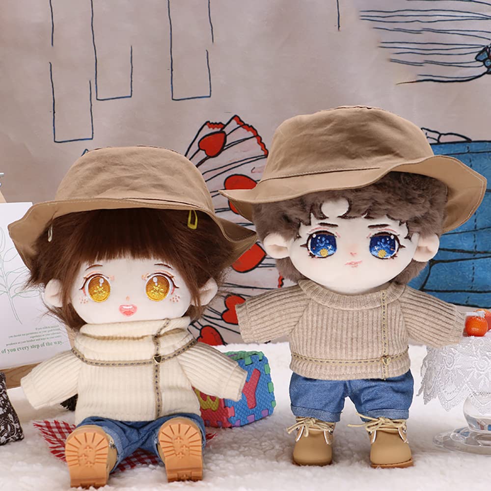 Niannyyhouse 20cm Doll Clothes Fisherman Hat Turtleneck Sweater Jeans Shoes Stuffed Animal Dress-up Cotton Doll Clothes (Beige-2)