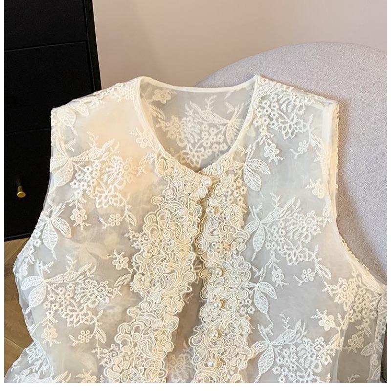 Damen Beiger Spitzenweste Ärmellos Rundhals Rüsche Knopfleiste Lässig Durchsichtig Oberbekleidung