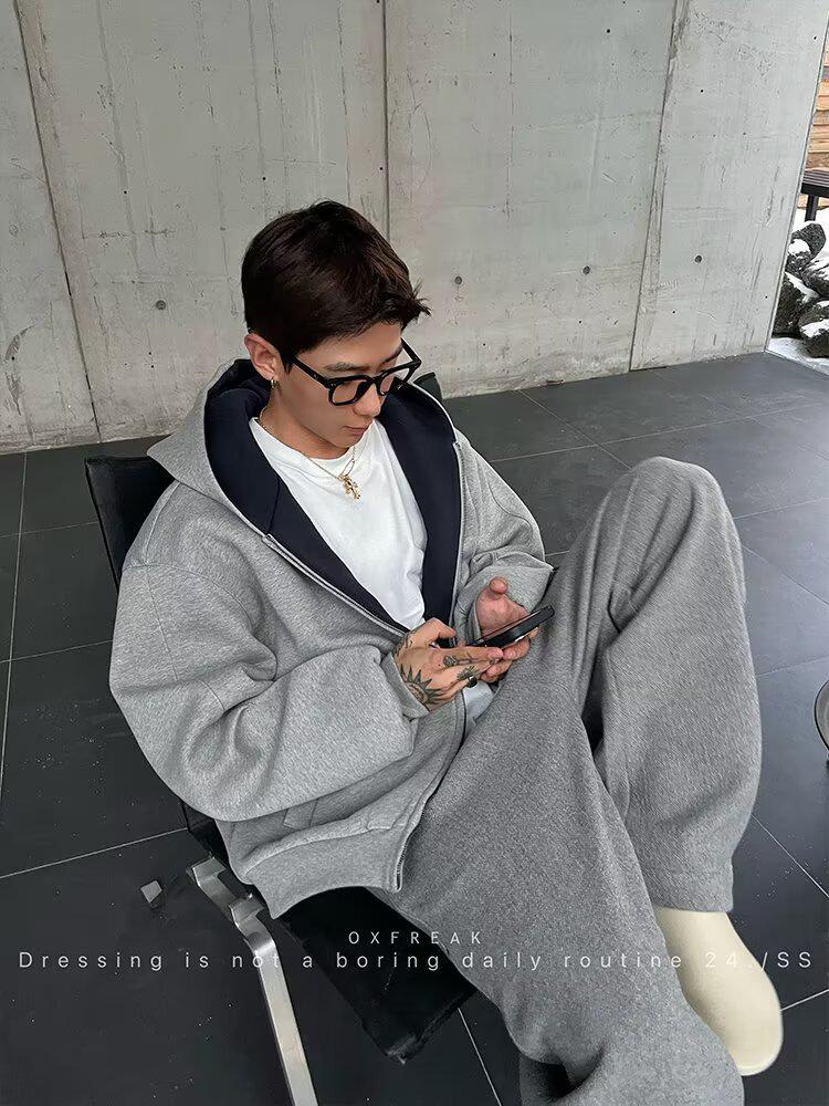 Men's Color Block Double-Zip Oversized Hooded Sweatshirt - Autumn Casual Cardigan