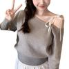 Core-spun yarn, Korean gray one-word shoulder lace-up long-sleeved knitted sweater for women, slim waist and exposed shoulders