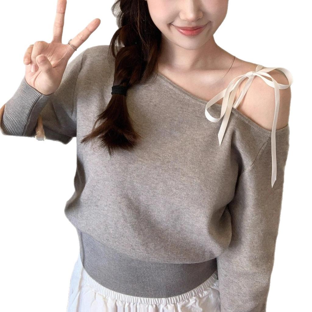 Core-spun yarn, Korean gray one-word shoulder lace-up long-sleeved knitted sweater for women, slim waist and exposed shoulders