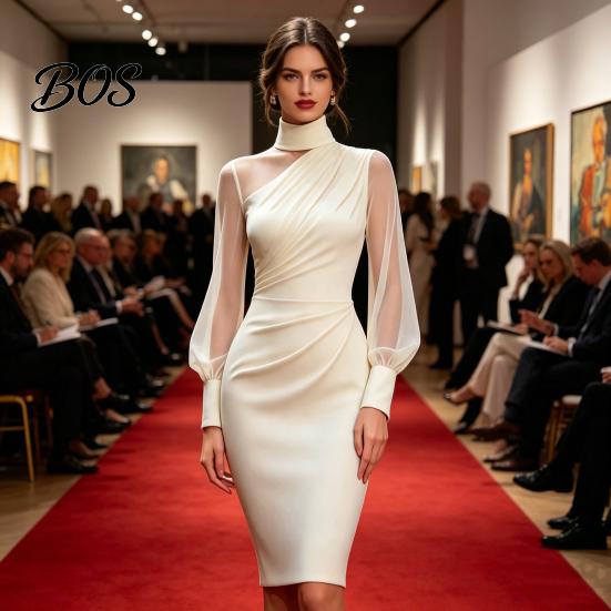 Everyday Casual Dress Women's Mesh Sheer Long Sleeve Mini Dress, Ruched Bodycon Mock Office Wear Women Neck Party Cocktail Formal Wedding Guest