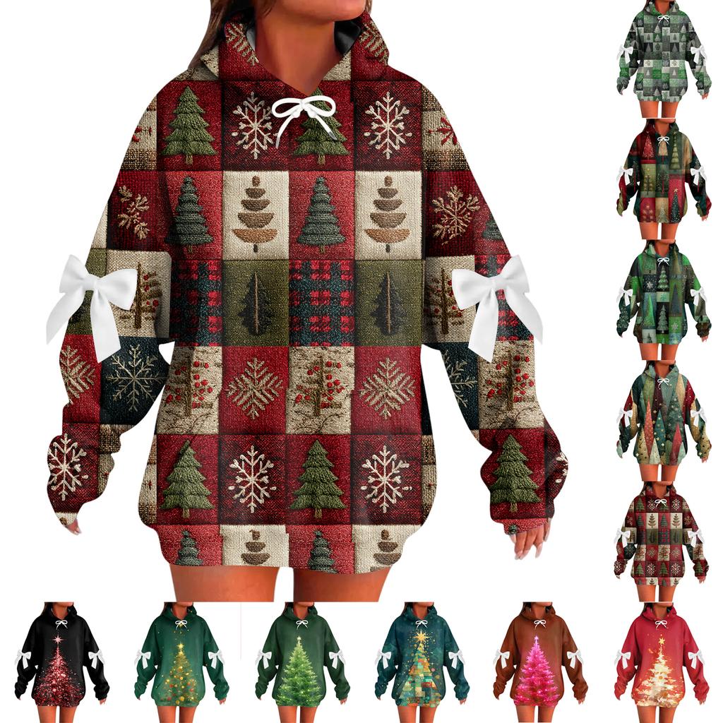 Ladies' Christmas Printed Bow Long Sleeved Loose Fitting Headband With Rope Hooded Sweatshirt Top