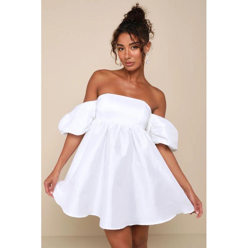 

Foreign Trade Order Lu Elegant Lady Personality off-Neck Puff sleeve Personality Design Puffy Wrap-around Jumpsuit Short dress White M