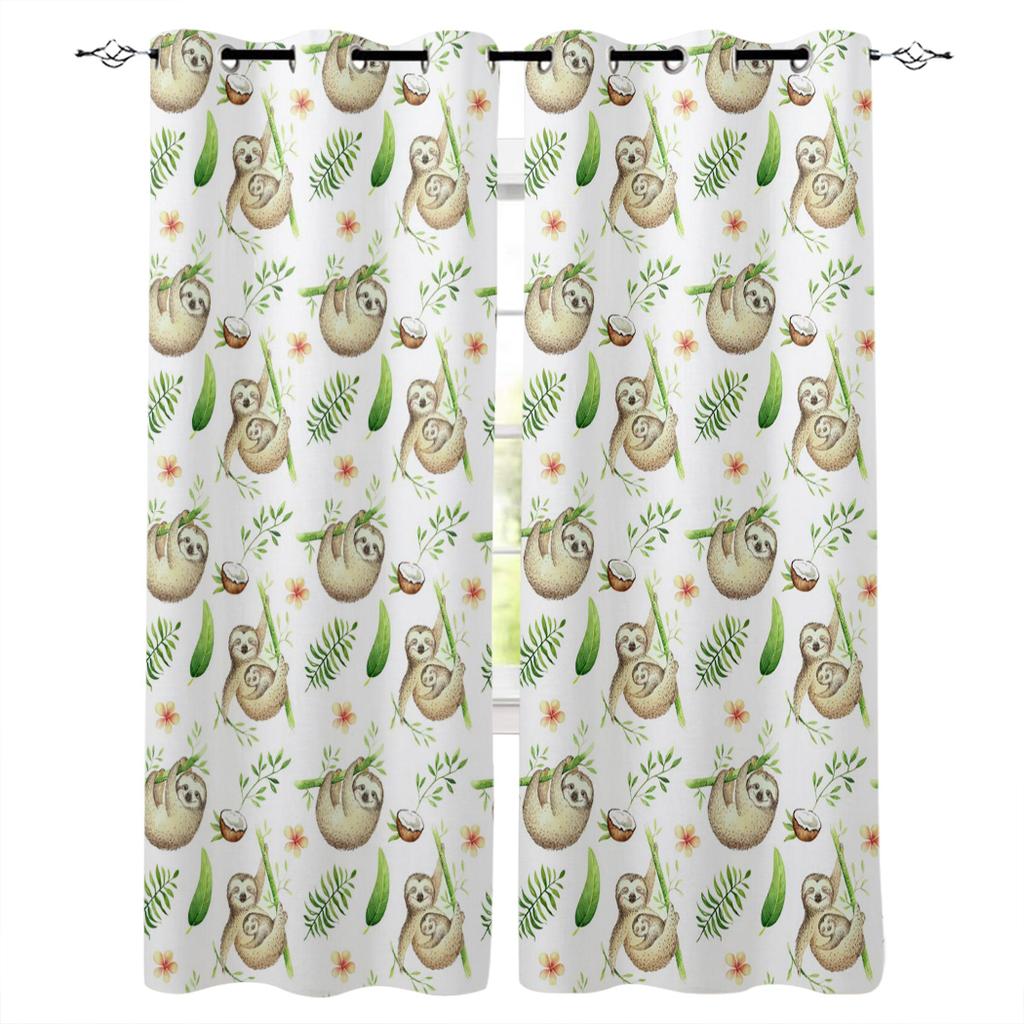 Watercolor Botanical Flowers And Raccoon Home Decor Window Curtains Bedroom Kitchen Curtain Panel Curtains for Living Room