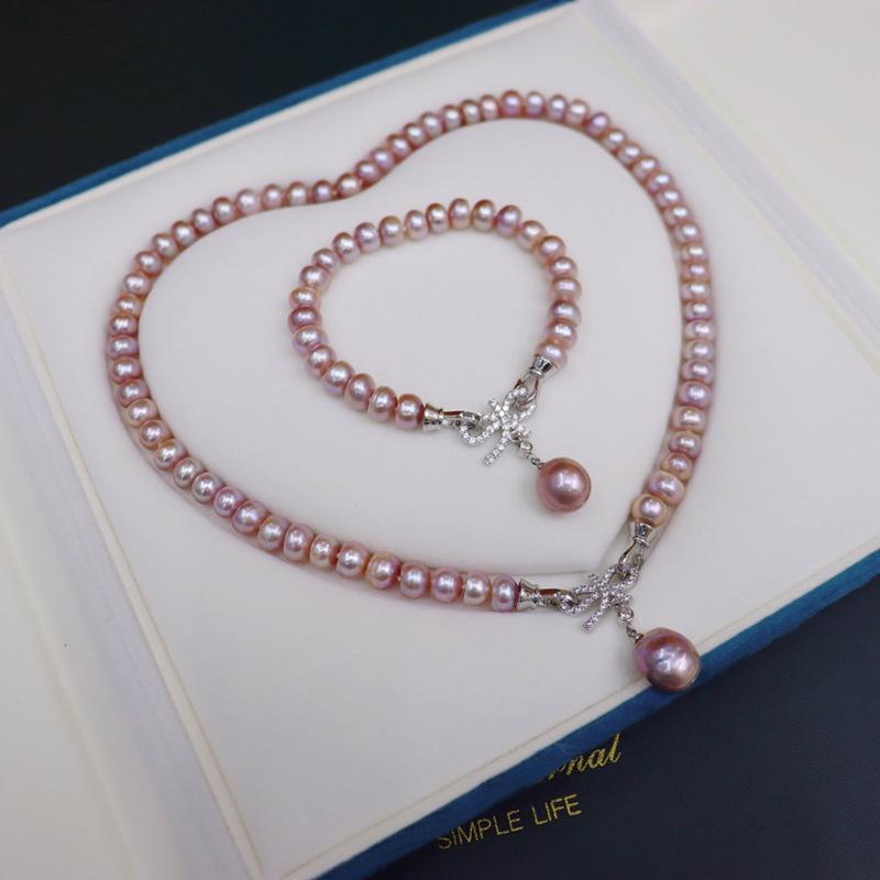 091 Versatile Bow-Design Freshwater Pearl Necklace Set for Women - Multi-Wear Fashion Jewelry