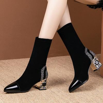 Moda bico fino meia botas altas novas botas curtas salto quadrado strass luxo inverno sapatos pretos femininos calçados