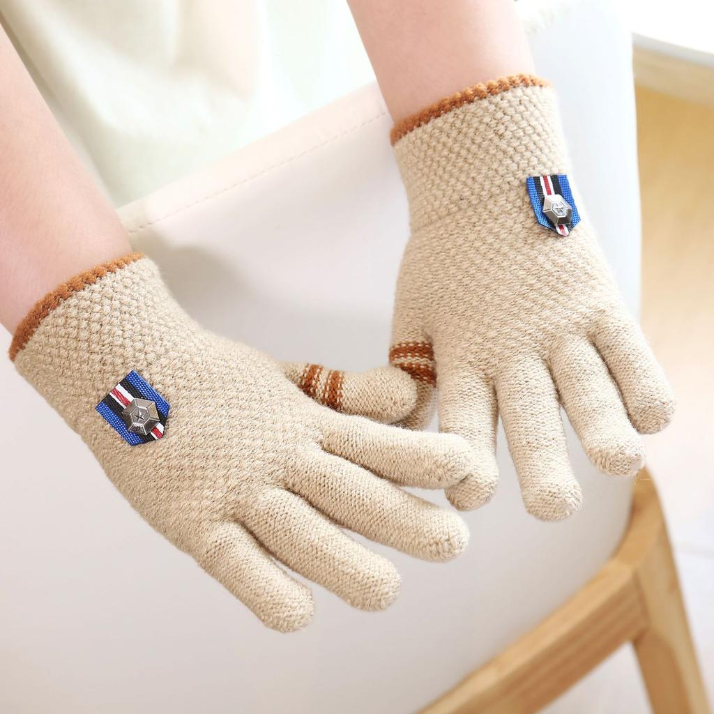 Winter Warm Gloves for Students Five Finger Separate Wool and Velvet Thickened Solid Color Full Finger Gloves