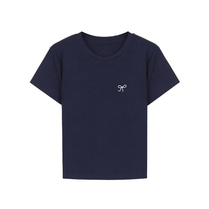 

Bow embroidered short-sleeved T-shirt women s summer new slim-fit front shoulder sweet and spicy student crew neck bottoming top S темно-синий
