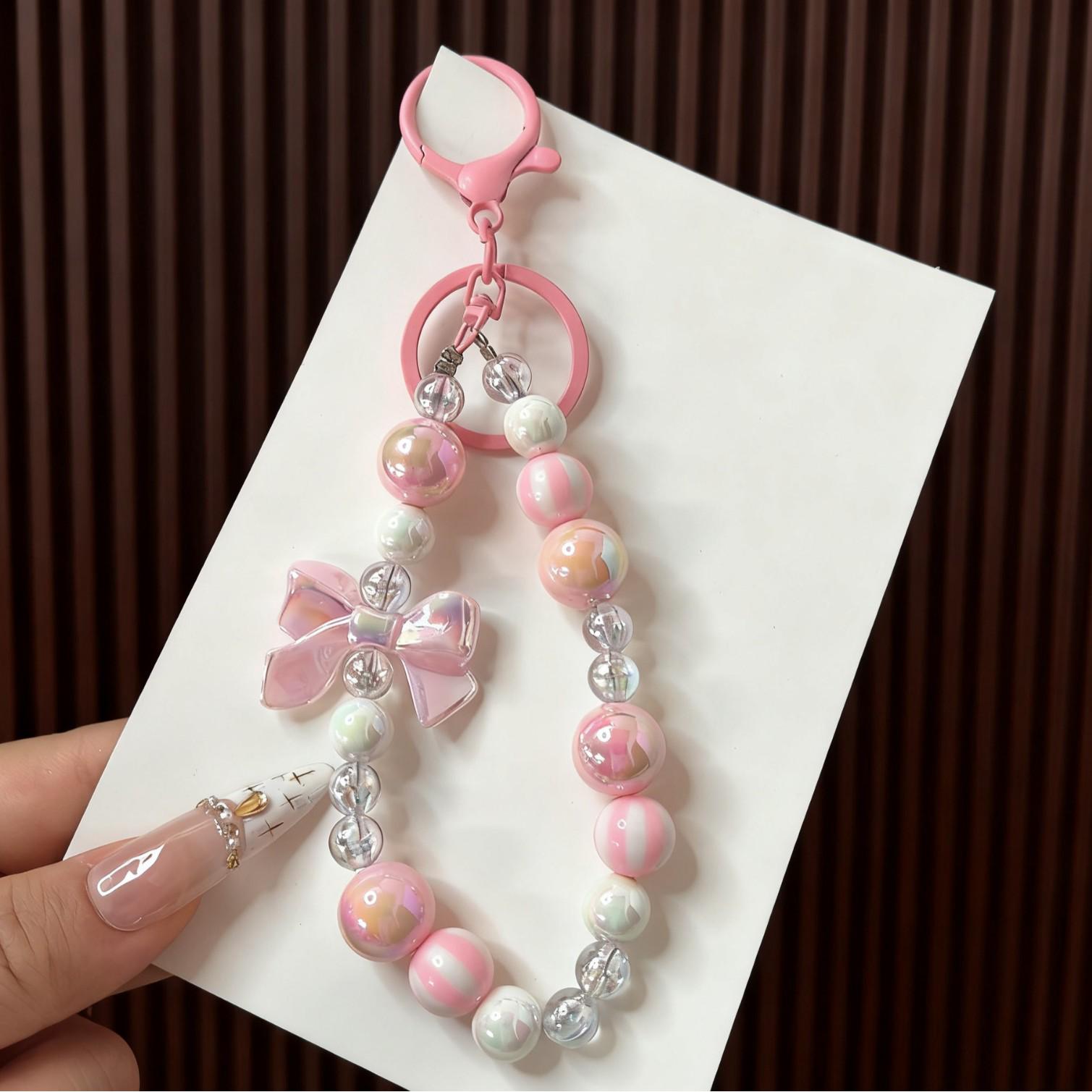 Iridescent Electroplated Bow Bead Phone Chain & Keyring Set