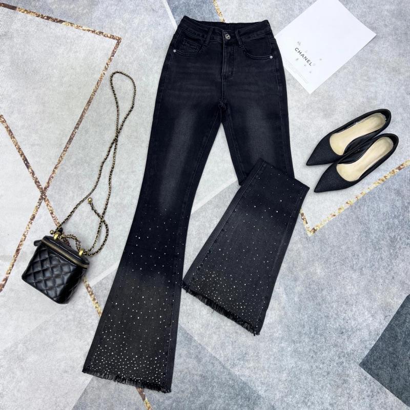 High Waist Black Micro Flare Jeans for Women - Slimming Stretch Pants with Frayed Edges