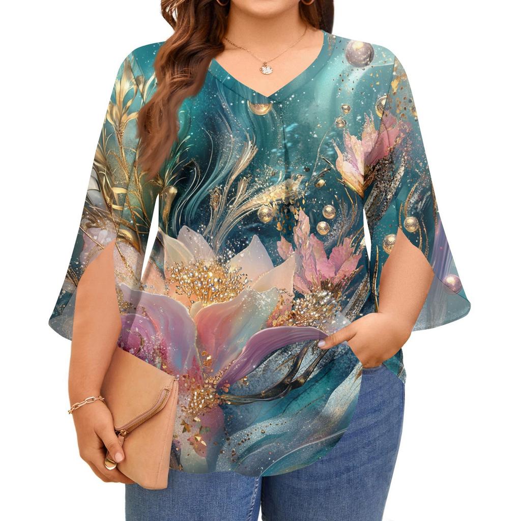 Women's Printing V-neck Plus Size Tops 3/4 Sleeves Elegant Shirt Tops