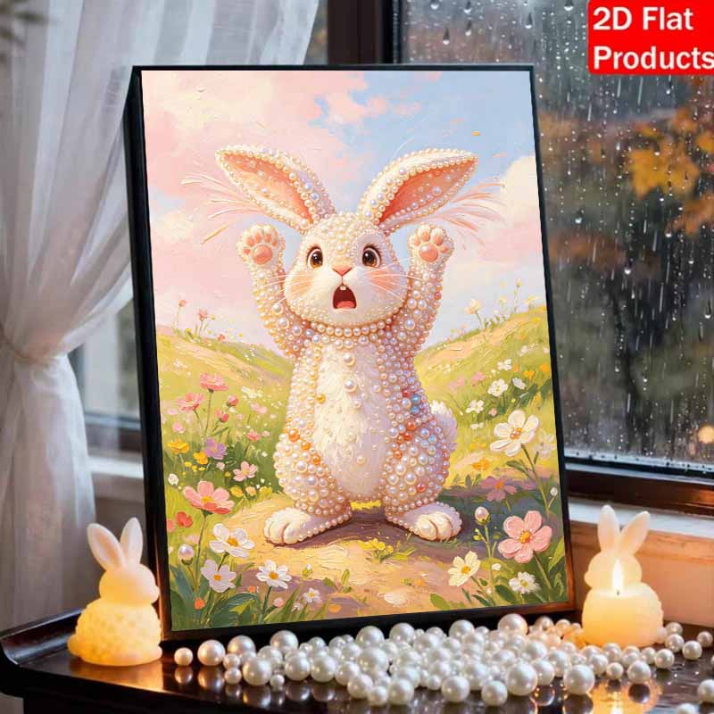 Sparkling Pearl Painting on Stretched Frame Cute Bunny in Flower Field DIY Bead Art Canvas Relaxing Hobby Gift for Craft Lovers Art Piece
