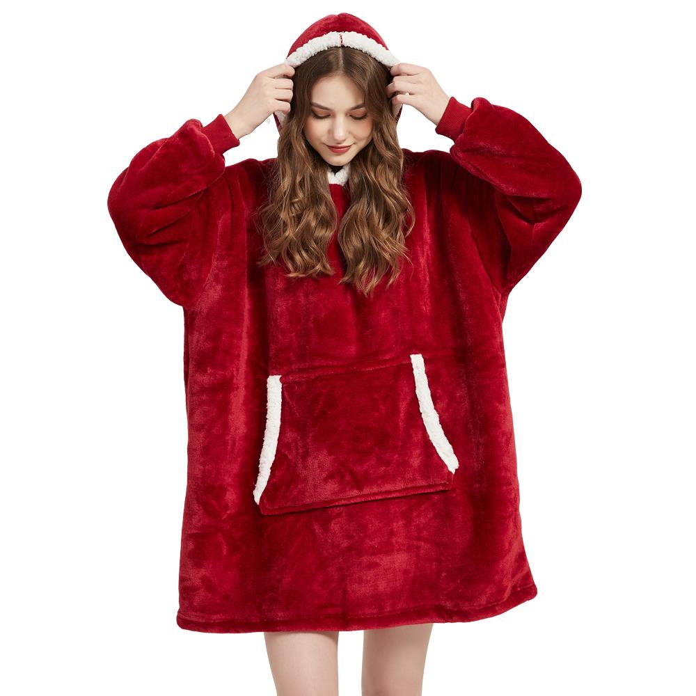 Zimowy koc sherpa z rękawami Ultra pluszowy polarowy koc-bluza z kapturem Różowy Szary Bordowy Niebieski Ciepłe flanelowe koce z kapturem